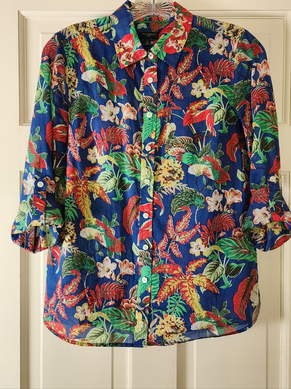 TALBOT'S TROPICAL MULTICOLOR PRINT SHIRT SZ SP, 1OO% LIGHT WEIGHT COTTON